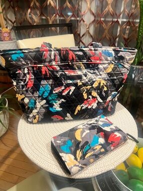 Vera Bradley Quilted Floral Print Tote Bag and Wallet - Black Multi Color